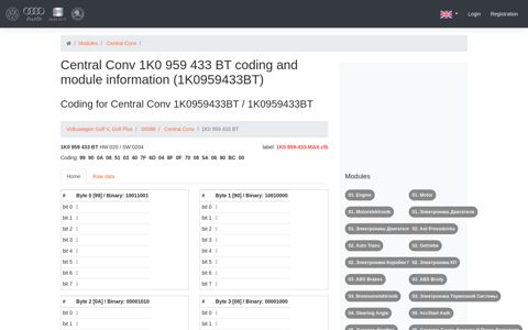 Central Conv 1K0 959 433 BT coding and module information ...