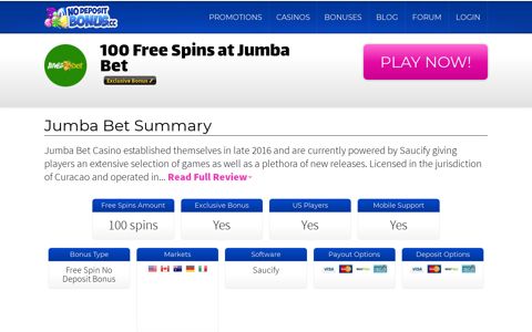 100 Free Spins at Jumba Bet | No Deposit Bonus