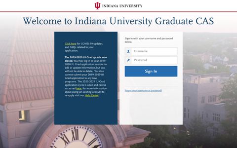 Indiana University Graduate CAS | Applicant Login Page Section