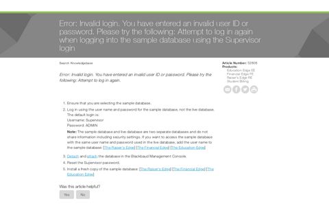 Error: Invalid login. You have entered an invalid user ID or ...
