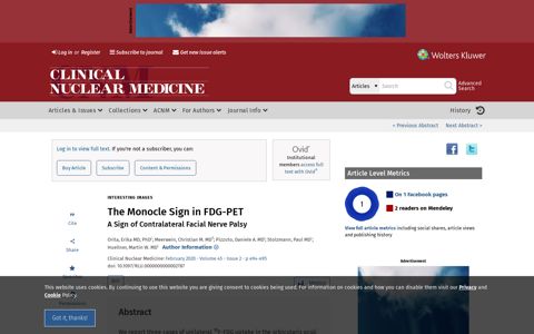 The Monocle Sign in FDG-PET: A Sign of Contralateral Facial ...