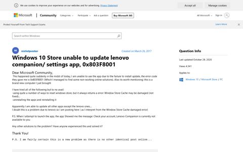 Windows 10 Store unable to update lenovo companion ...