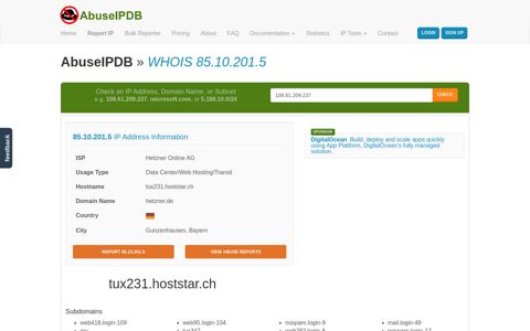 WHOIS 85.10.201.5 | Hetzner Online AG | AbuseIPDB
