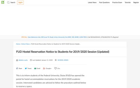 FUD Hostel Reservation Notice to Students for 2019/2020 ...