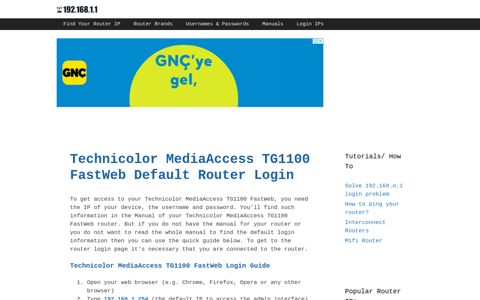 Technicolor MediaAccess TG1100 FastWeb - Default login IP ...