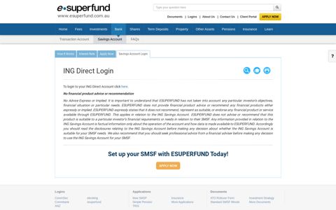 SMSF Bank Accounts | ING Direct Login | ESUPERFUND