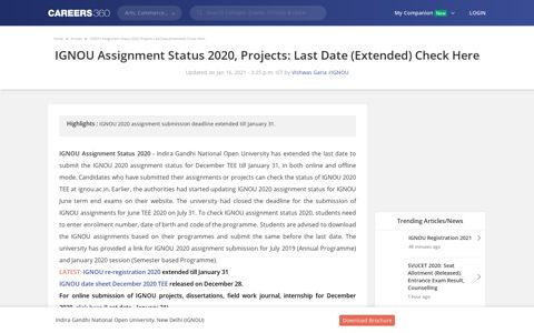 IGNOU Assignment Status 2020 (Available), Projects: January ...
