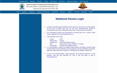Webkiosk for Students/Parents/Employees - JUET Guna