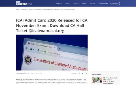 ICAI Admit Card 2020 Released for CA November Exam ...