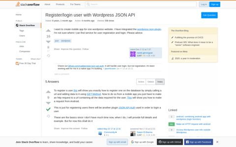 Register/login user with Wordpress JSON API - Stack Overflow