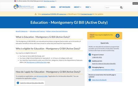 Education - Montgomery GI Bill (Active Duty) | Benefits.gov