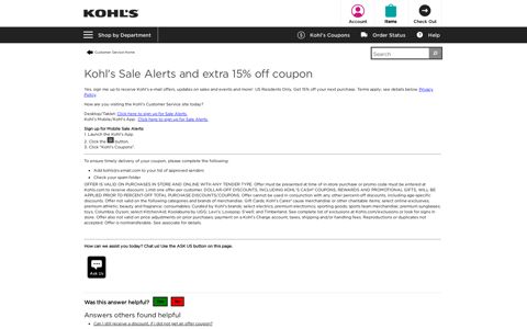 Kohl's Sale Alerts and extra 15% off coupon - Customer Service