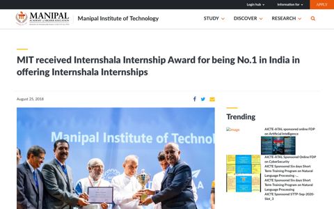 MIT received Internshala Internship Award for being No.1 in ...
