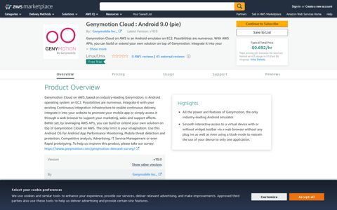 AWS Marketplace: Genymotion Cloud : Android 9.0 (pie)