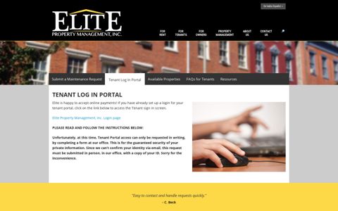 Tenant Log In Portal – Elite Property Management, Inc., York, PA