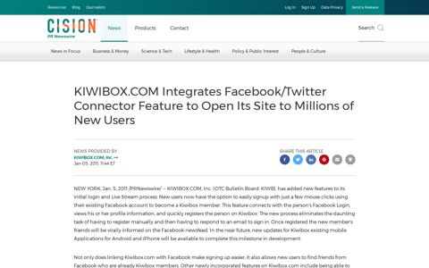 KIWIBOX.COM Integrates Facebook/Twitter Connector ...