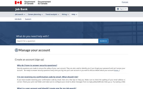Manage your account - Job Bank