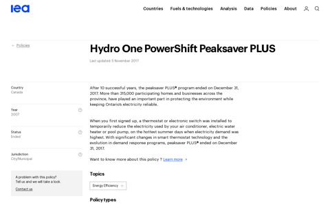 Hydro One PowerShift Peaksaver PLUS – Policies - IEA