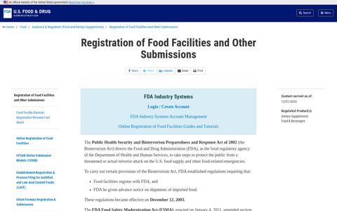 Registration of Food Facilities and Other Submissions | FDA