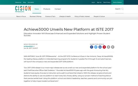 Achieve3000 Unveils New Platform at ISTE 2017 - PR Newswire