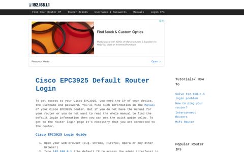 Cisco EPC3925 - Default login IP, default username & password