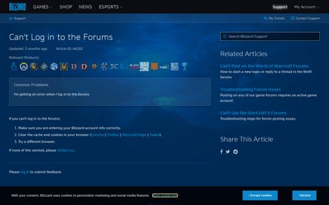 Can't Log in to the Forums - Blizzard Support