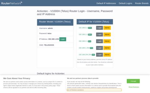 Actiontec - V1000H (Telus) Default Login and Password