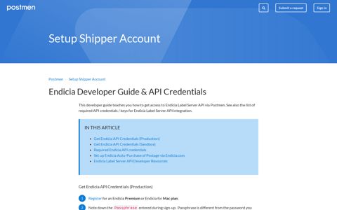 Endicia Developer Guide & API Credentials – Postmen