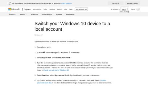 Switch your Windows 10 device to a local account