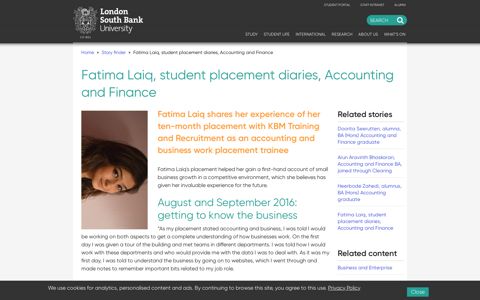 Fatima Laiq, student placement diaries, Accounting and Finance
