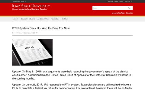 PTIN System Back Up, And It's Free For Now | Center for ...