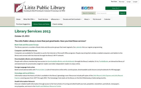 Library Services 2013 - Lititz Public Library