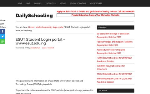 ESUT Student Login portal - www.delsu.edu.ng