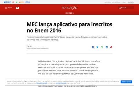 MEC lança aplicativo para inscritos no Enem 2016 - G1 - Globo
