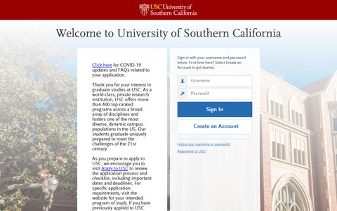 University of Southern California | Applicant Login Page Section