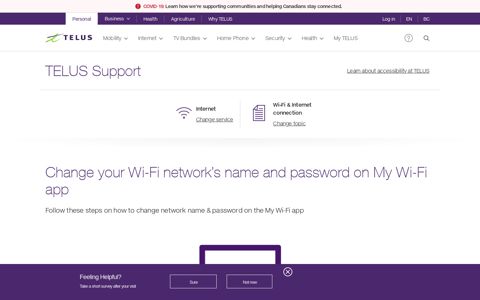 Change your Wi-Fi network's name and password on My TELUS