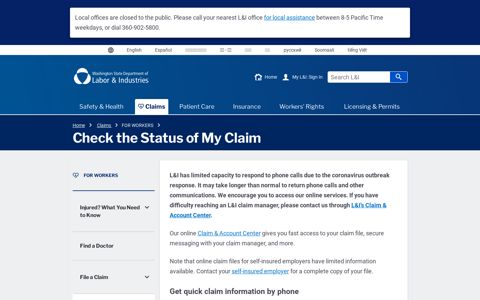 Check the Status of My Claim - L&I