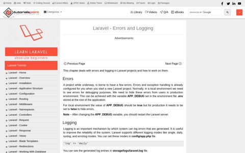 Laravel - Errors and Logging - Tutorialspoint