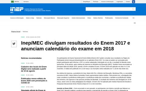 Inep/MEC divulgam resultados do Enem 2017 e anunciam ...