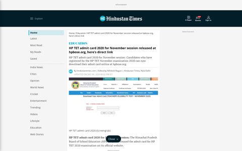 HP TET admit card 2020 for November session released at ...