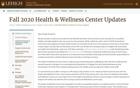 Fall 2020 Health & Wellness Center Updates | Student Affairs