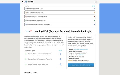 Lending USA [Payday / Personal] Loan Online Login - CC Bank