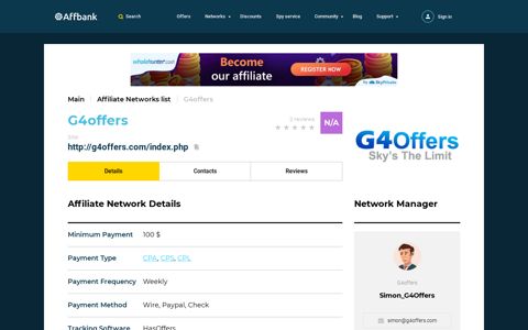 G4offers - Affiliate CPA network reviews and details. - Affbank