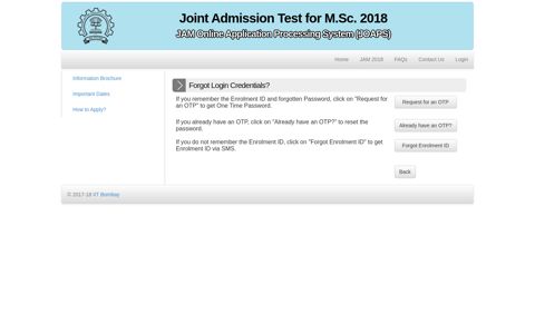 JAM 2018 :: Forgot Login Credentials - IIT Bombay