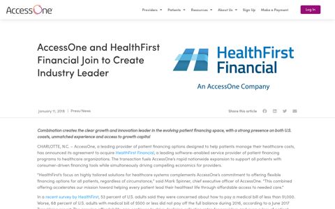 AccessOne and HealthFirst Financial Join to Create Industry ...