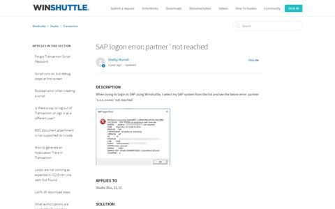 SAP logon error: partner ' not reached – Winshuttle