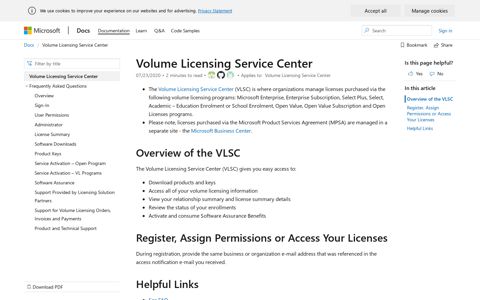 Landing page for for the Volume Licensing Service Center ...