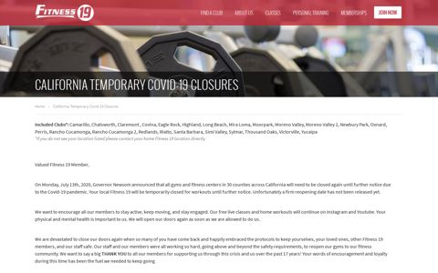 California Temporary Covid-19 Closures | Fitness 19
