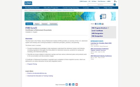 FSRI Level I: Certificate in Retirement Essentials - LOMA.org