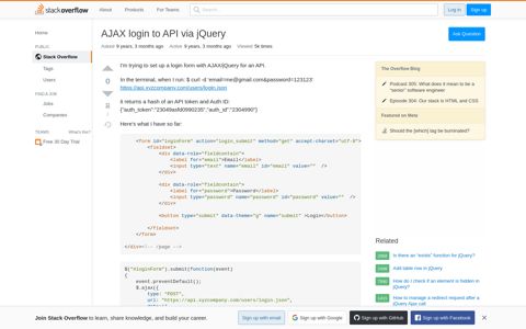 AJAX login to API via jQuery - Stack Overflow